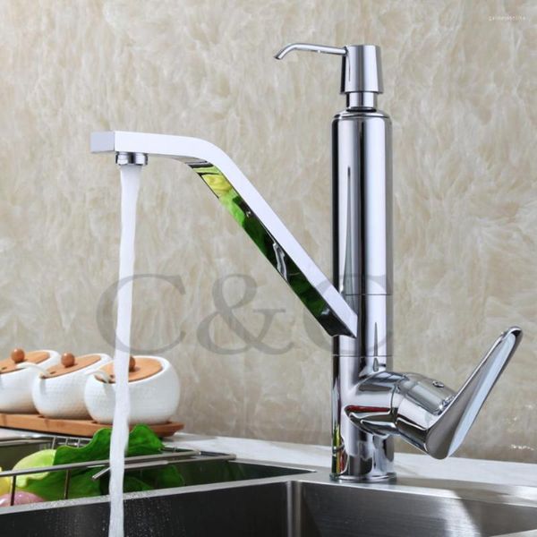 Robinets de cuisine Design robinet Chrome argent pivotant évier mitigeur vanité avec distributeur de savon