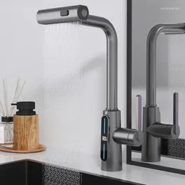 Robinets de cuisine à affichage numérique, noir, quatre fonctions, poignée unique, bec extractible, mélangeur d'évier et robinets d'eau froide
