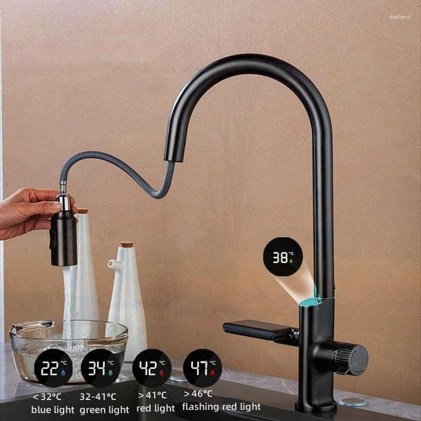 Grifos de cocina Pantalla digital Cascada Sensor de temperatura Grifo Pull Out Stream Sprayer Agua fría Fregadero Mezclador Grifo para