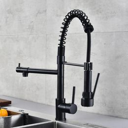 Keukenkranen DQOK Zwart Geborstel Lente pull down gootsteen Kraan Warm Koud Water Mixer Tap Met Dual Uitloop Deck Gemerterderd