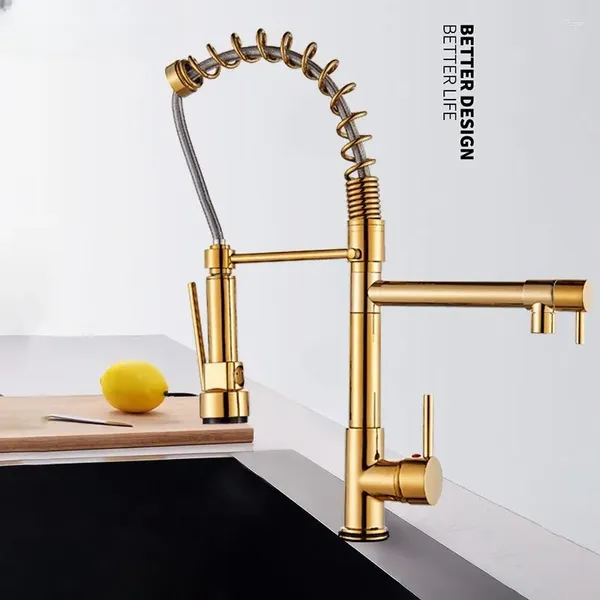 Grifos de cocina Drop- Gold Spring Pull Down Faucet Almacén con cubierta 360 Caños dobles Grifo mezclador monomando