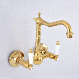 Keukenkranen Dual Handle Duals Hole Wandmontage Wastafel Kraan Gouden Messing Badkamer Vanity Sink Koudwaterkranen Dsf616