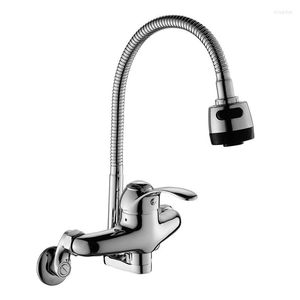 Keukenkranen kraan 360 graden zwengel gootsteen tap muur gemonteerde stroom sproeier dubbele gat enkele handgreep flexibele pijp koudwatermixer