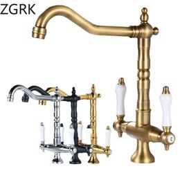 Keukenkranen kraan voor dubbele handgreep Antiek messing retro 360 graden rotatie wastafel Taps dek gemonteerde badkamer mixer 230520