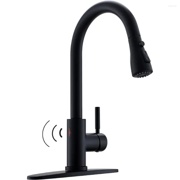 Grifos de cocina Grifo con pulverizador desplegable Mate Negro Manija única Fregadero de acero inoxidable activado manos libres