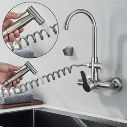 Robinets de cuisine robinet avec pulvérisateur nickel brossé 304 mélangeur d'évier en acier inoxydable installation de mur de tête de courant