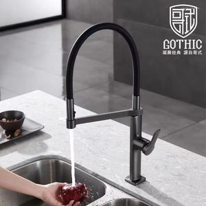 Robinets de cuisine Pistolet allemand Gris Robinet de mise en laiton Mélangeur d'eau froide et noire Lavabo noir Double évier Robinet universel rotatif