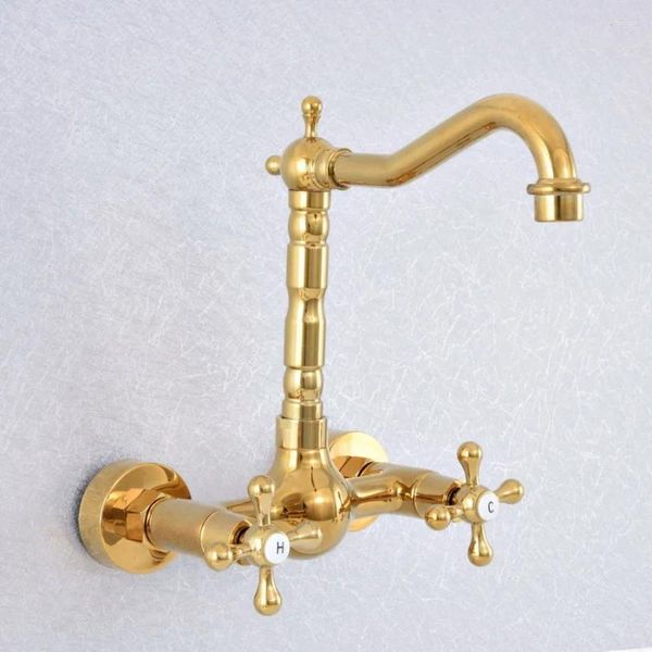 Grifos de cocina, montaje en pared de latón dorado, doble manija, grifo de lavabo de doble orificio, grifo giratorio para lavabo de baño, grifo mezclador y frío 2sf622