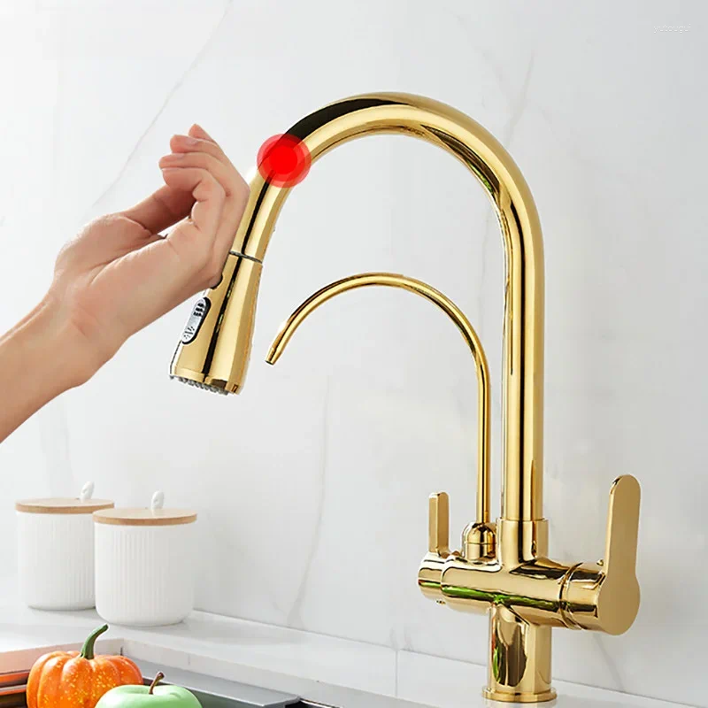 Keukenkranen Gold Touch Filter 3 manieren Koud uittrekbare mengkraan Massief messing Gouden sensorkraan