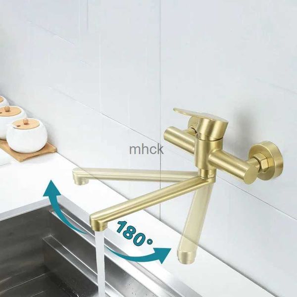 Grifos de cocina de pared de oro cepillado con caño extra largo, grifo para fregadero de cocina, caño plegable con rotación de 180, grifo mezclador para bañera y baño de acero inoxidable 240130