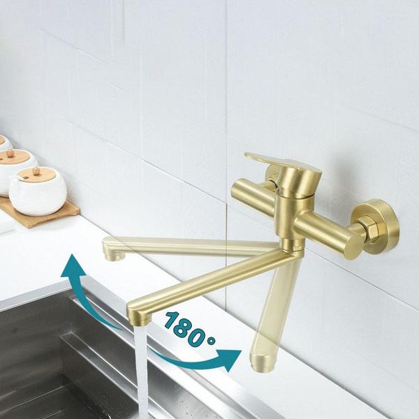 Grifos de cocina de pared de oro cepillado, grifo de fregadero con caño extralargo, grifo mezclador de bañera plegable con rotación de 180 °, acero inoxidable