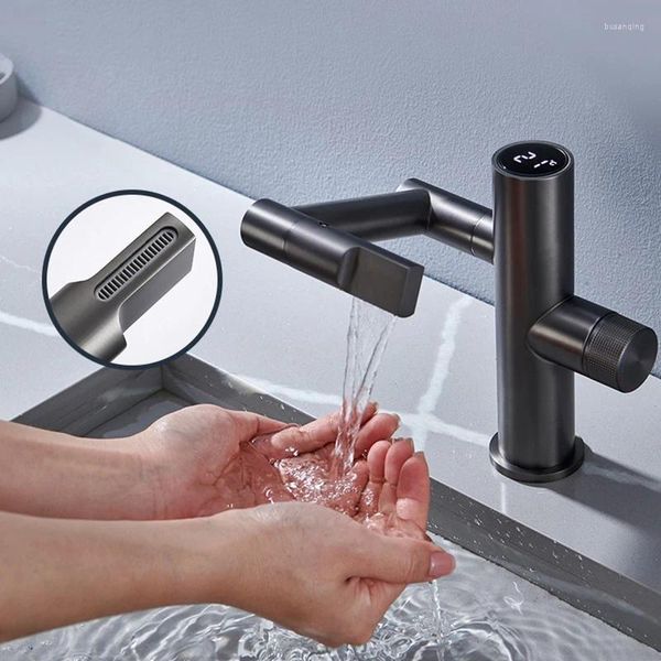 Grifos de cocina Pantalla Digital inteligente grifo de cascada fregadero giratorio moderno lavabo grifos de brazo mecánico mezclador de agua fría y