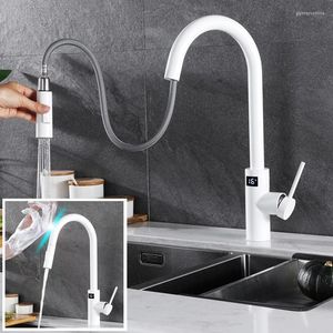 Robinets de cuisine Robinet intelligent Affichage numérique de la température Led Blanc Eau froide Pull Out Capteur tactile Swing Lavabo Robinet