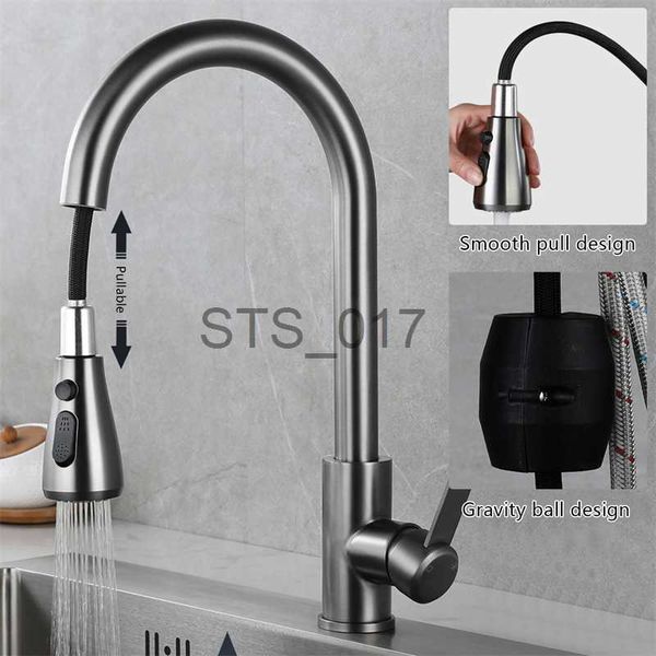 Grifos de cocina Grifo de lavabo de cocina Mezclador de acero inoxidable 304 agua Fría Caliente Mangueras de 80 cm Extraiga Rotación 360 Válvula de cerámica Núcleo Cepillo de superficie x0712