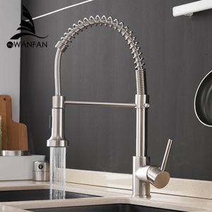 Kitchen Faucets Kitchen Faucets Brush Brass Faucets for Kitchen Sink Single Lever Pull Out Spring Spout Mixers Tap Cold Water Crane 9009 230221