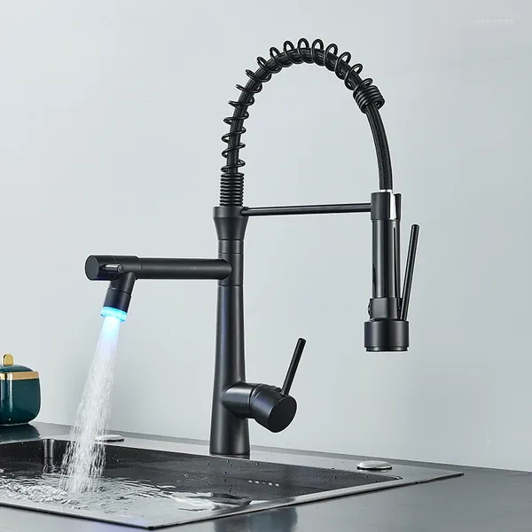 Grifos de cocina Luz LED Grifo de doble caño negro mate Grifo monomando extraíble de agua fría con resorte