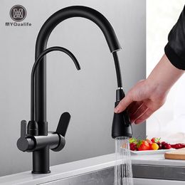 Keuken kranen mat zwart zuivere waterkraan dubbele handgreep en koud drinken uit pull -out mixer kranen 221203