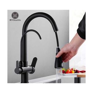 Keuken kranen mat zwart pure waterkraan dubbele handgreep en koud drinken pl out mixer kranen 211108 drop levering huizen tuin douche dhtoa