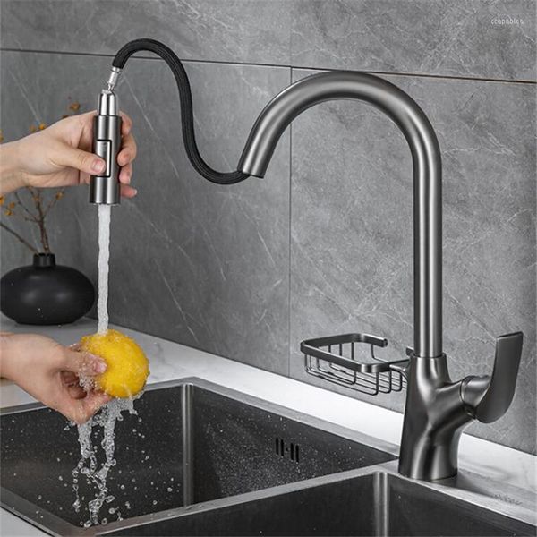 Robinets de cuisine mitigeur laiton eau froide évier robinet avec panier mitigeur rétractable montage sur pont pistolet gris/or brossé/ruban