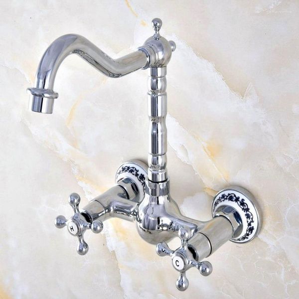 Grifos de cocina Base de cerámica de latón cromado pulido Grifo de lavabo de baño montado en la pared Grifo mezclador de caño giratorio Manijas cruzadas dobles Mnf581