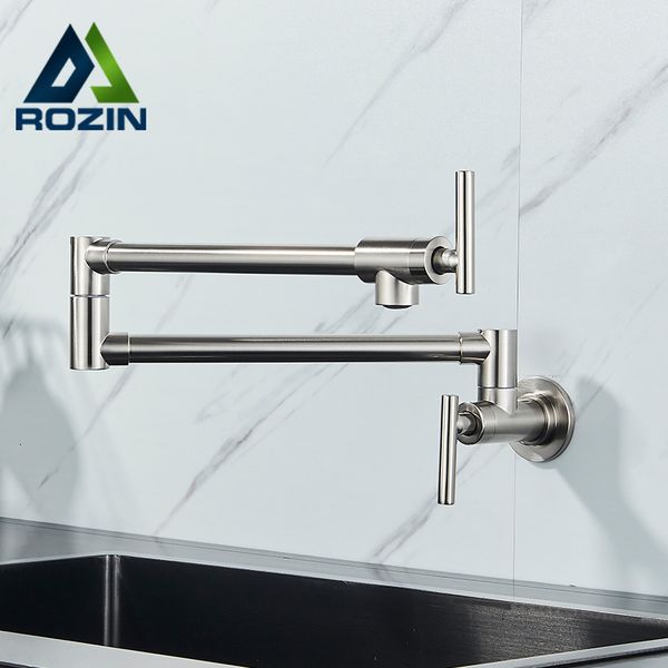 Robinets de cuisine Pot Filler Double Joint Bec Pliant Extensible Bras Oscillant Mur En Laiton Monotrou Deux Poignées Évier 230510