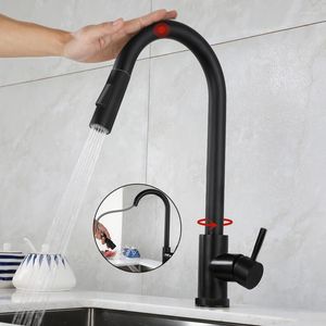 Keukenkranen Trek eruit zwarte sensorkraan Smart inductie roestvrijstalen mixer tap touch controle gootsteen 2 modi en koud water