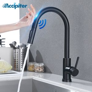 Robinets de cuisine extractibles capteur noir acier inoxydable Smart Induction mitigeur tactile évier et mélangeur d'eau froide 230510