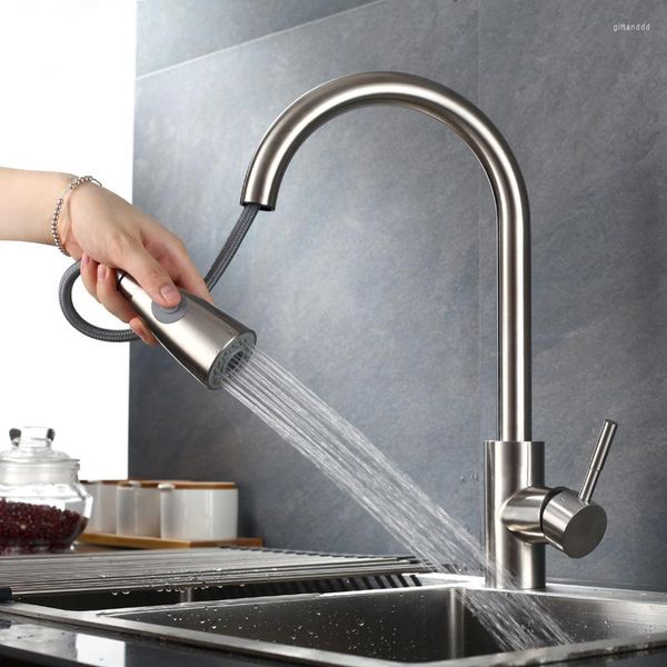 Robinets de cuisine Pull Out Nickel Brossé Robinet Mélangeur Froid Robinet D'eau Rotatif Rétractable En Acier Inoxydable 304 Lavabo Évier