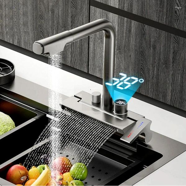 Grifos de cocina, grifo de cascada de lluvia, grifo de piscina para lavar platos, mezclador extraíble para el hogar con un solo orificio, pantalla Digital para Baño