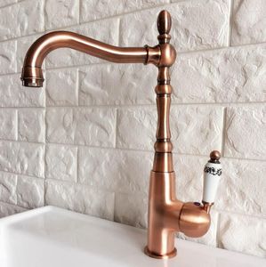 Keukenkranen Rood Koper Swivel Gootsteenkraan Wasbasine Eenmalige hendel koudwatermixer badkamer Taps dek gemonteerd lnf421