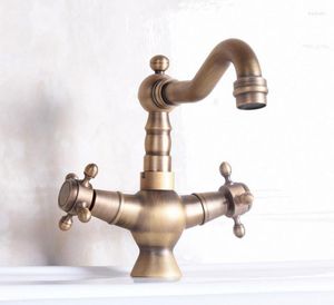 Keukenkranen retro antiek messing dubbele handgreep zwenkbassin kraan met een gat dekbevestiging badkamer wastafel en koude mixer tap dnf248