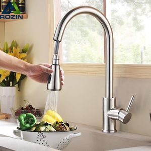 Kitchen Faucets Rozin Brushed Nickel Faucet Single Hole Pull Out Spout Sink Mixer Tap Stream Sprayer Head ChromeBlack 221103