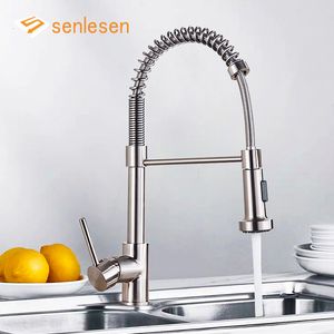 Kitchen Faucets Senlesen Brushed Nickel Spring Sink Faucet Double Modes Copper Rotatable Deck Mounted and Cold Water Mixer Tap Crane 230510