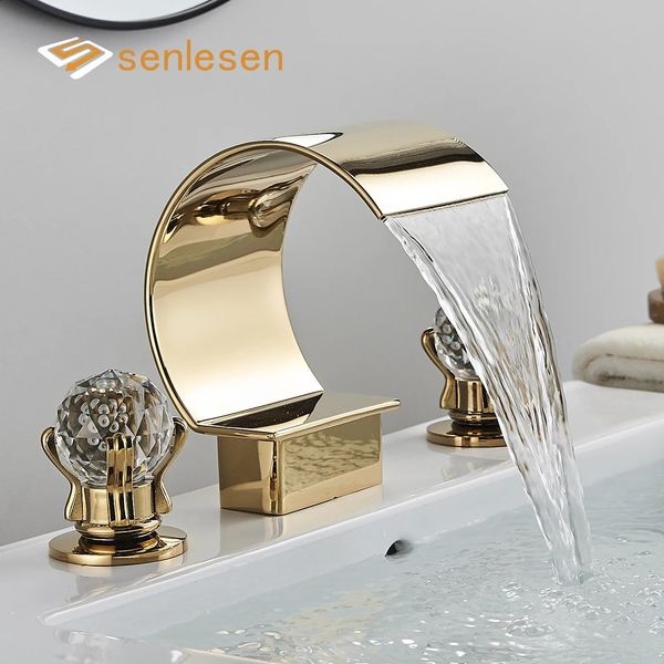 Robinets de cuisine Senlesen luxe doré cascade bassin robinet en laiton pont monté cristal Double poignée salle de bain baignoire robinet froid mélangeur grue 231030