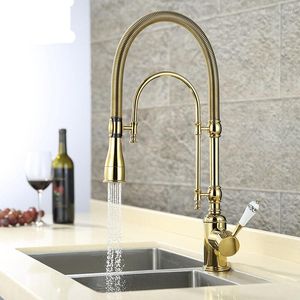 Keuken kranen vaste messing gootsteen koude multifunctionele uittrekbare mixer tap keramiek handgreep dek gemonteerd roterend goud