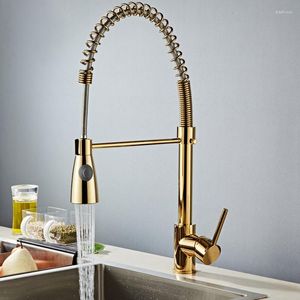 Grifos de cocina Grifo de estilo primaveral cromado dorado extraíble Torneira giratorio giratorio grifo mezclador de salida de agua de 2 funciones