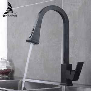 Grifos de cocina Square Black Single Handle Pull Out Kitchen Tap Single Hole Swivel Rotación de 360 grados Grifo mezclador de agua 866399R T200710