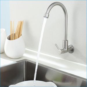 Kitchen Faucets Stainless Steel Single Cold Water Tap Wall Mounted Rotatable Faucet Vegetables Basin J14804