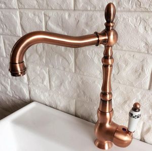 Keukenkranen Swivel Spout Water Tap Antiek Rood Kopper Single Handgat Gat Goot Badkamer Basin Mixer ANF424