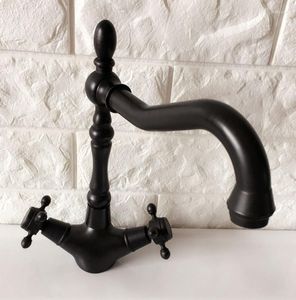 Keukenkranen Swivel Spout Water Tap Oil gewreven zwarte bronzen dubbele handgreep met gat wastafel badkamer kraanbekken mixer ANF382