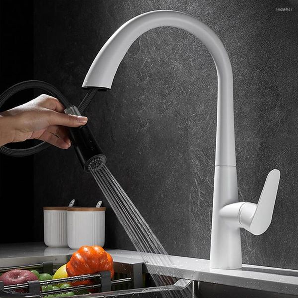 Grifos de cocina Tianview, grifo de cobre extraíble para el hogar, lavabo, se puede girar con un solo mango y pintura blanca fría