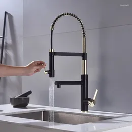 Robinets de cuisine de qualité supérieure, robinet d'évier en laiton noir or de luxe, robinet mitigeur à ressort d'eau froide extractible avec pulvérisateur à un trou