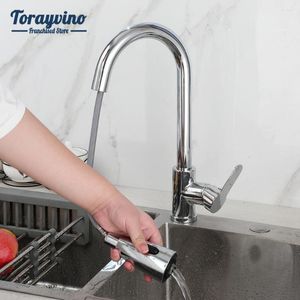 Torayvino – robinets de cuisine à poignée unique, robinet d'évier pivotant extractible, robinets mélangeurs noirs/chromés montés sur le pont, pluie et flux