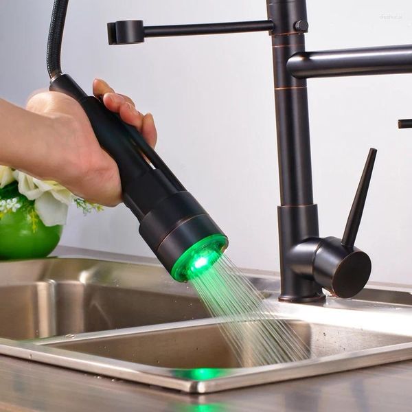 Grifos de cocina Vidric LED luz grifo giratorio caño desplegable baño recipiente fregadero mezclador grifo cubierta montaje agua fría CR