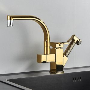 Robinets de cuisine Vidric Luxury Golden Robinet Pull Out Spray avec Bidet Mitigeur froid 360 Rotation pivotant pont monté salle de bain évier