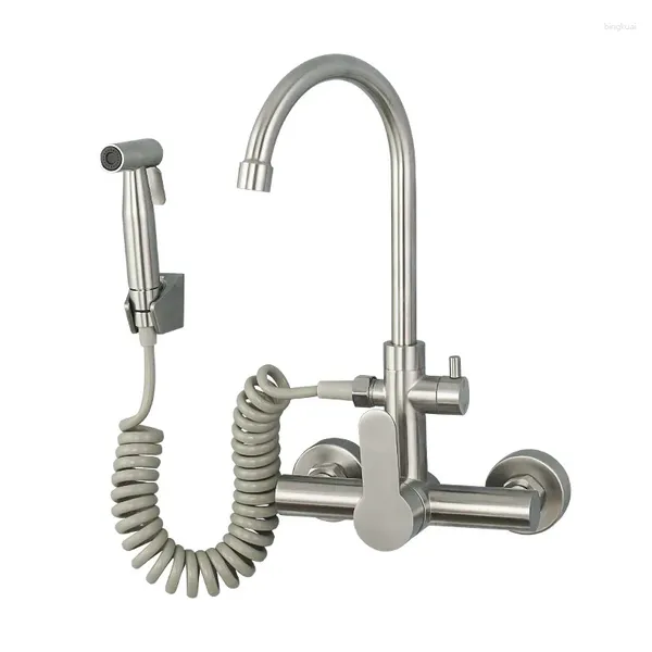 Robinets de cuisine Robinet mural avec pulvérisateur Nickel brossé Robinet d'évier en acier inoxydable 304 Mélangeur froid à double trou pour utilitaire de blanchisserie