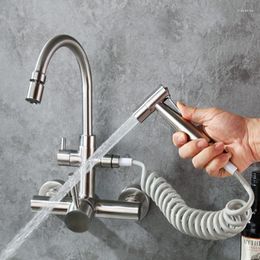 Keukenkranen wand gemonteerd geborsteld roestvrijstalen kraan met bidet spray douchekop roteerbare kou en water multifunctioneel