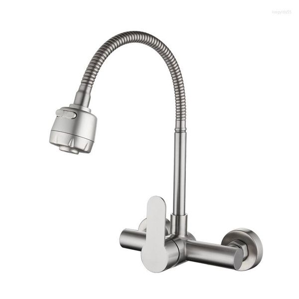 Robinets de cuisine Robinet mural Pull Down Stream Pulvérisateur Bubbler Robinet d'évier en acier inoxydable Tuyau flexible Double trous Mélangeur à froid