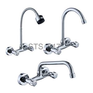 Keukenkranen Wandmontage Keukenkraan Messing Chrome Spray Sink Tap Dubbel handvat Dubbel gat Koud en warm water mengkraan Wastafelkranen x0712