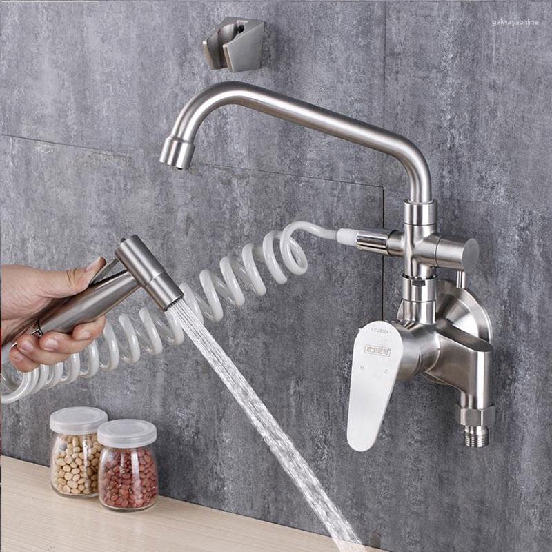 Kitchen Faucets Wall Mounted Sink Tap 304 Stainless Steel Faucet Exposed Hose Install And Cold Mixer